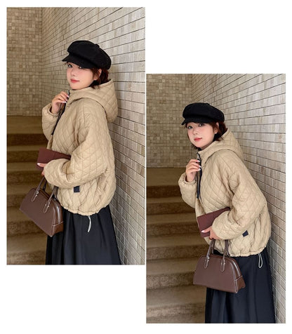 Stand Collar Hooded Quilted Zip Jacket