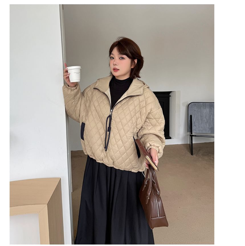 Stand Collar Hooded Quilted Zip Jacket