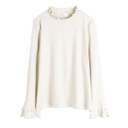 Long-Sleeve Crew Neck Plain Lettuce Edge T-Shirt