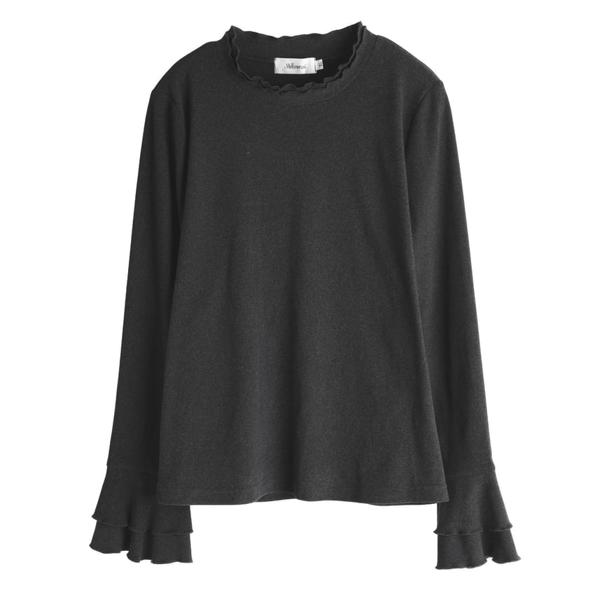 Long-Sleeve Crew Neck Plain Lettuce Edge T-Shirt