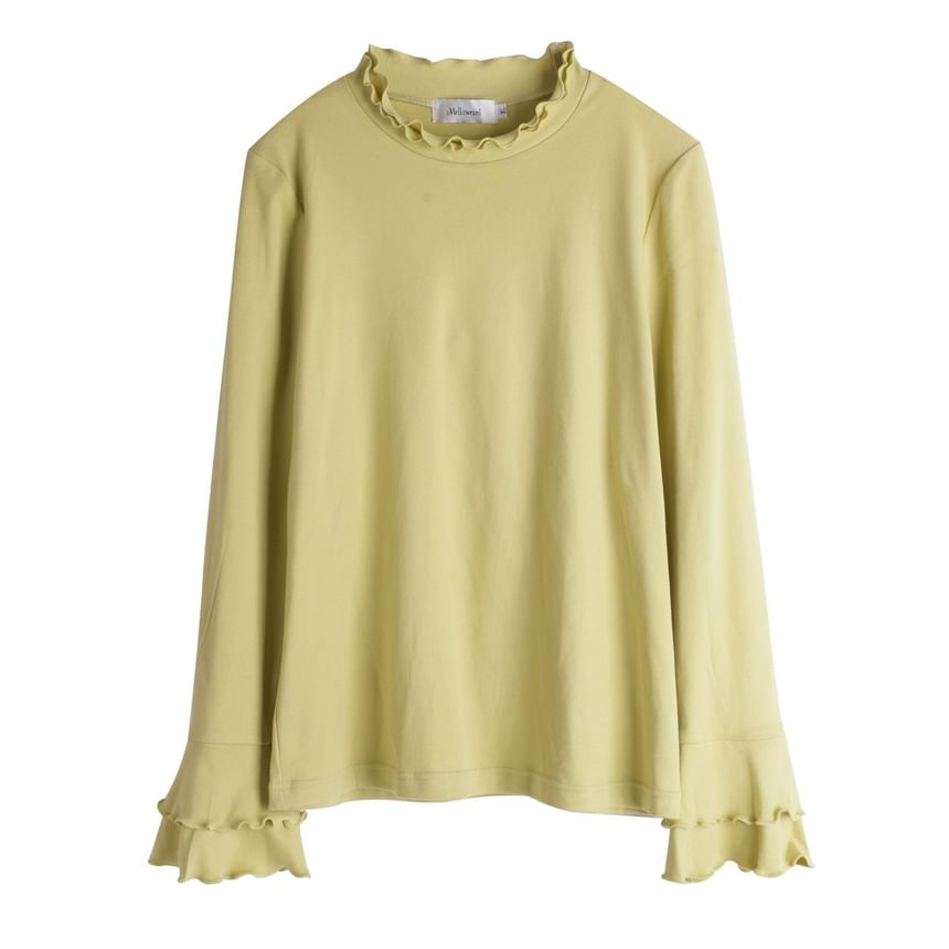 Long-Sleeve Crew Neck Plain Lettuce Edge T-Shirt