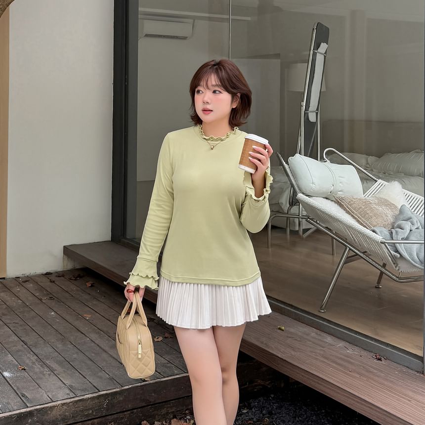 Long-Sleeve Crew Neck Plain Lettuce Edge T-Shirt