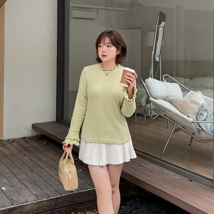 Long-Sleeve Crew Neck Plain Lettuce Edge T-Shirt