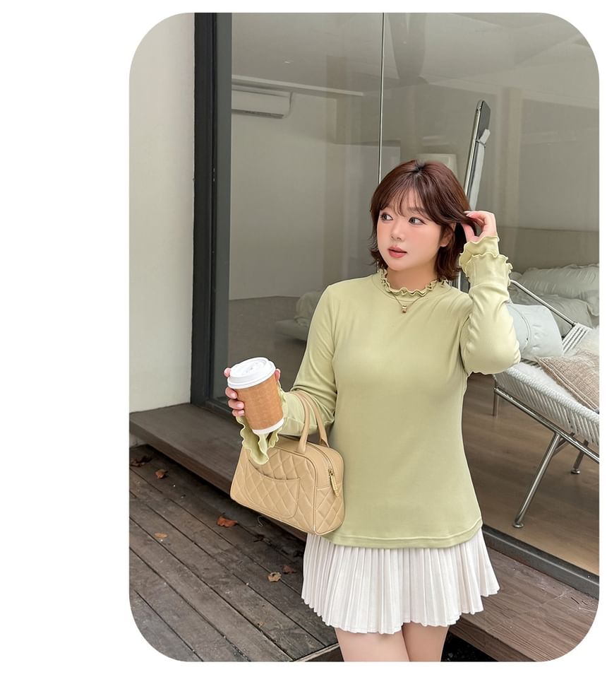 Long-Sleeve Crew Neck Plain Lettuce Edge T-Shirt