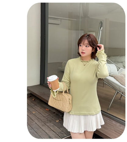 Long-Sleeve Crew Neck Plain Lettuce Edge T-Shirt