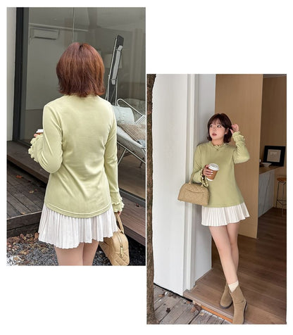 Long-Sleeve Crew Neck Plain Lettuce Edge T-Shirt