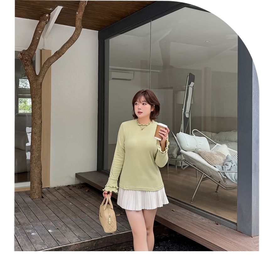 Long-Sleeve Crew Neck Plain Lettuce Edge T-Shirt