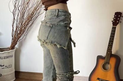 Washed Bell Bottom Jeans with Overlay Skirt