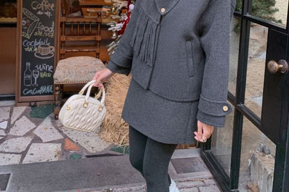 Button Wool Jacket - High Waist Mini A-Line Skirt