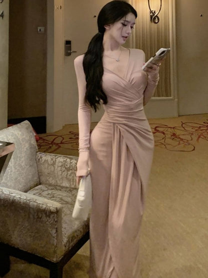 Long Sleeve V-Neck Plain Ruched Slit Maxi Sheath Wrap Dress
