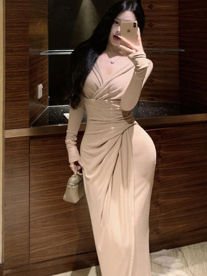 Long Sleeve V-Neck Plain Ruched Slit Maxi Sheath Wrap Dress