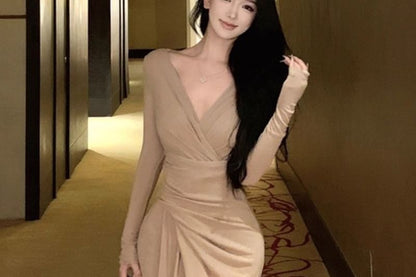 Long Sleeve V-Neck Plain Ruched Slit Maxi Sheath Wrap Dress
