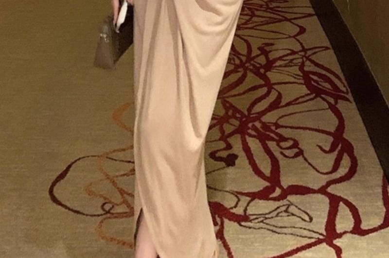 Long Sleeve V-Neck Plain Ruched Slit Maxi Sheath Wrap Dress