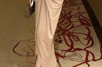 Long Sleeve V-Neck Plain Ruched Slit Maxi Sheath Wrap Dress