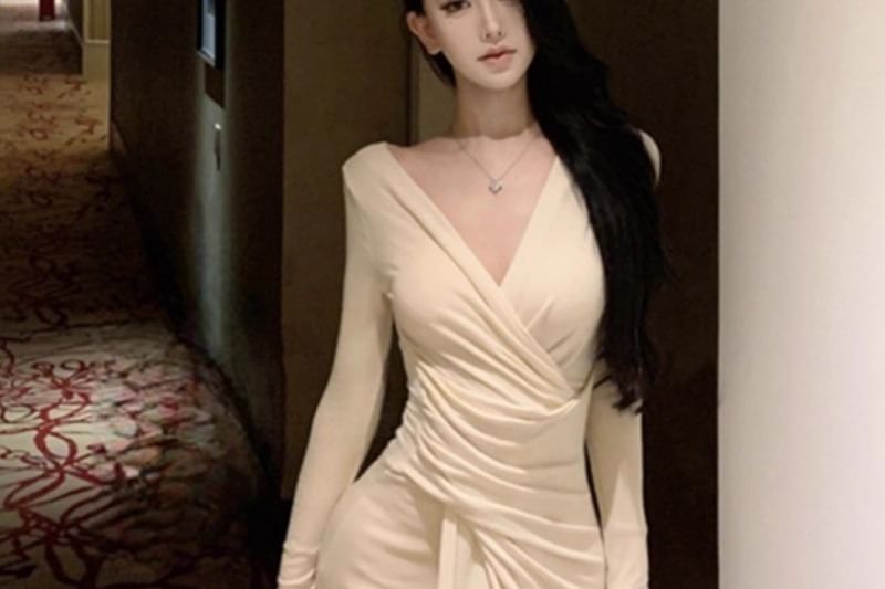 Long Sleeve V-Neck Plain Ruched Slit Maxi Sheath Wrap Dress
