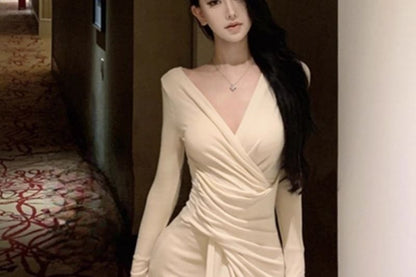 Long Sleeve V-Neck Plain Ruched Slit Maxi Sheath Wrap Dress