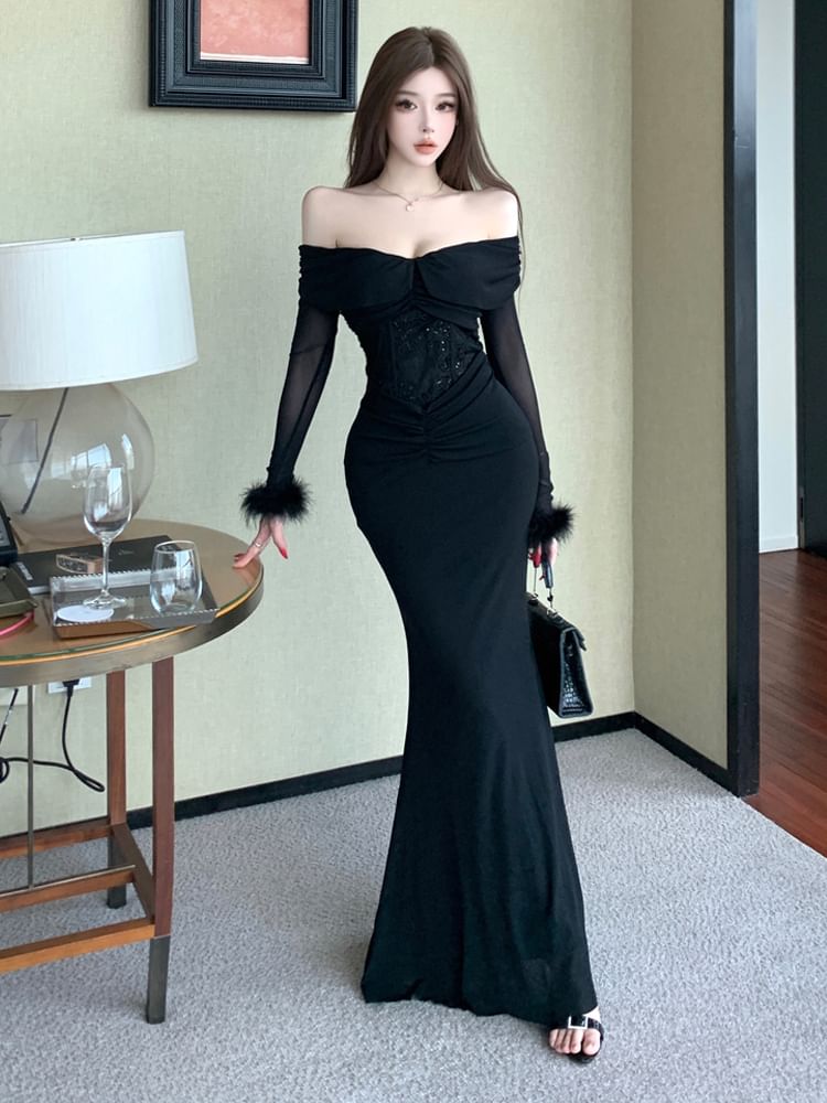 Long-Sleeve Off-Shoulder Lace Panel Fluffy Cuff Maxi Mermaid Dress