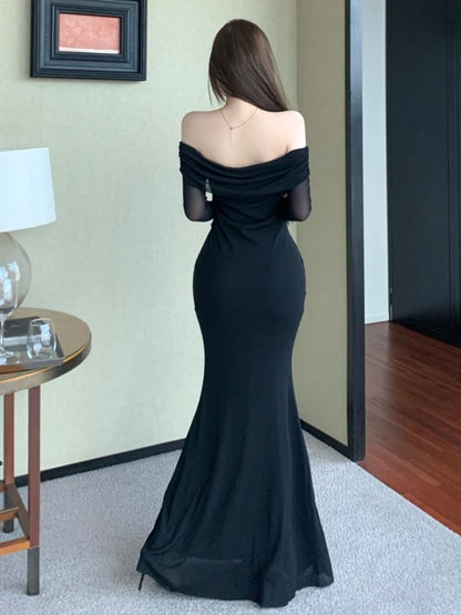 Long-Sleeve Off-Shoulder Lace Panel Fluffy Cuff Maxi Mermaid Dress