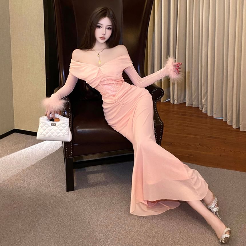 Long-Sleeve Off-Shoulder Lace Panel Fluffy Cuff Maxi Mermaid Dress