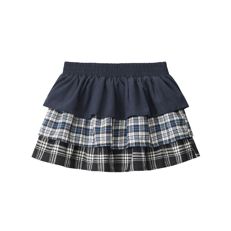 Plaid Panel Layered Mini A-Line Skirt - High Waist