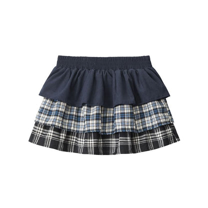 Plaid Panel Layered Mini A-Line Skirt - High Waist