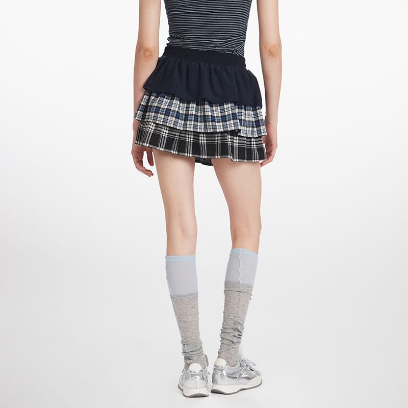 Plaid Panel Layered Mini A-Line Skirt - High Waist