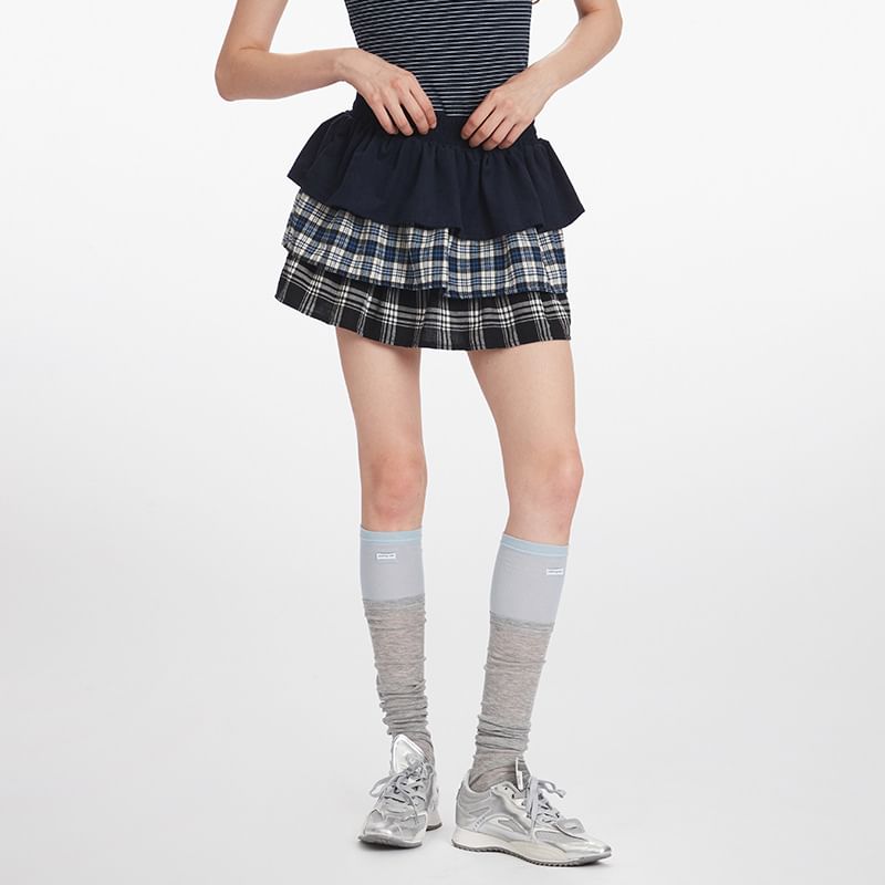 Plaid Panel Layered Mini A-Line Skirt - High Waist