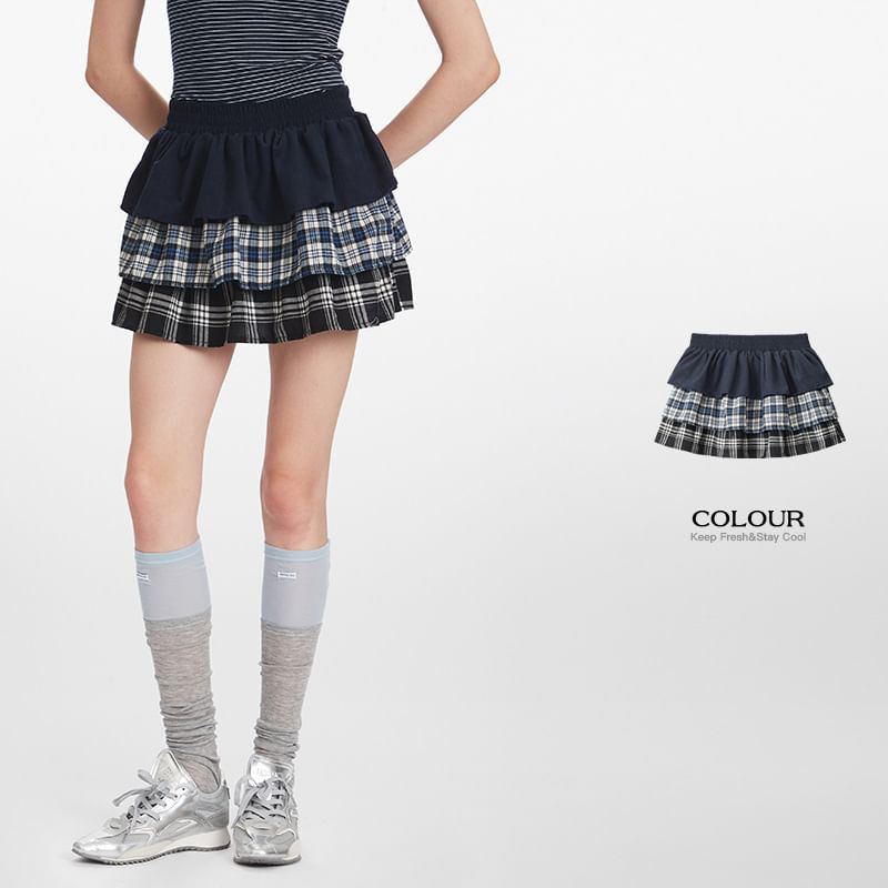 Plaid Panel Layered Mini A-Line Skirt - High Waist