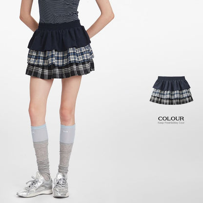 Plaid Panel Layered Mini A-Line Skirt - High Waist