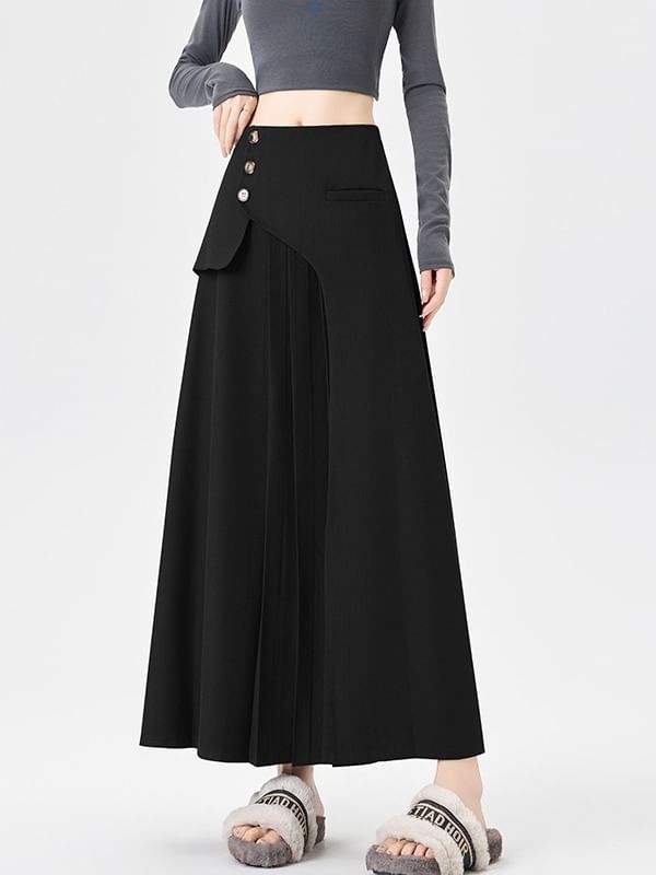 Accordion Pleated Maxi A-Line Skirt - Mid Rise