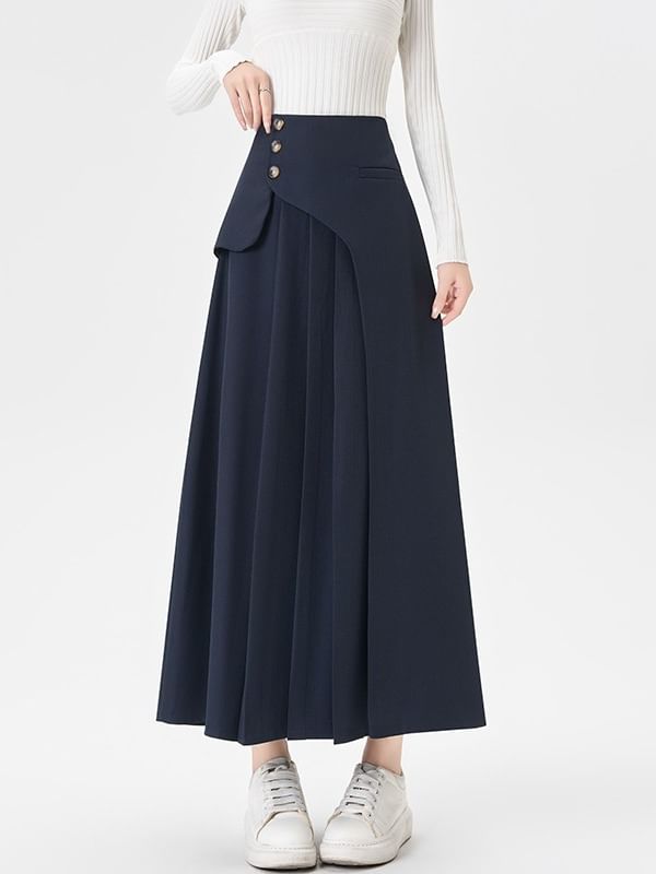 Accordion Pleated Maxi A-Line Skirt - Mid Rise