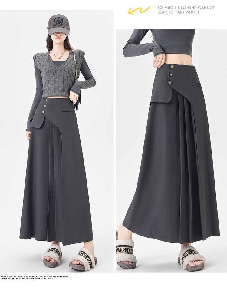 Accordion Pleated Maxi A-Line Skirt - Mid Rise