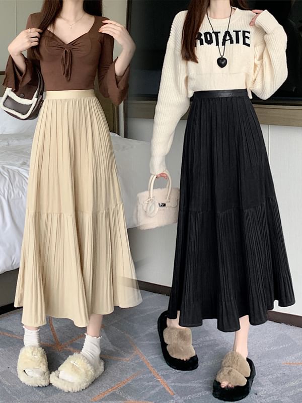 Accordion Pleated Midi A-Line Skirt - High Waist