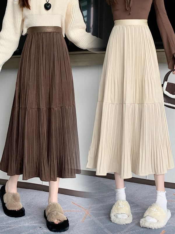 Accordion Pleated Midi A-Line Skirt - High Waist