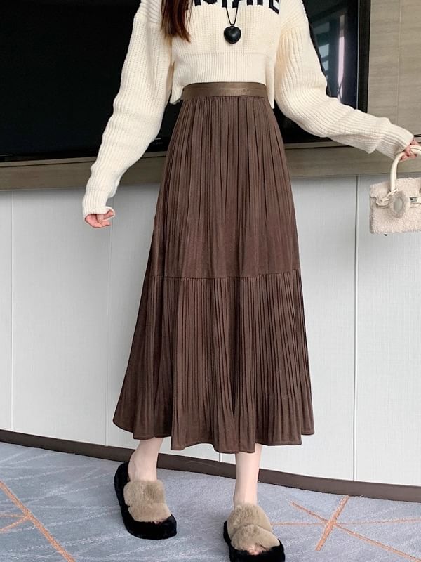 Accordion Pleated Midi A-Line Skirt - High Waist