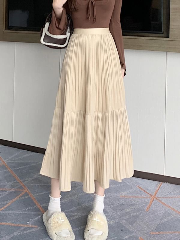 Accordion Pleated Midi A-Line Skirt - High Waist