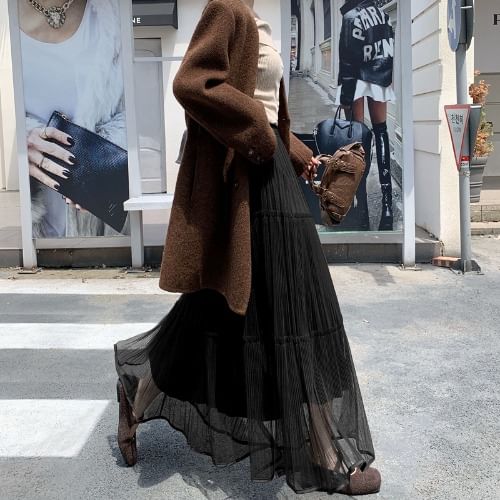 Mesh Panel Maxi A-Line Skirt - High Rise