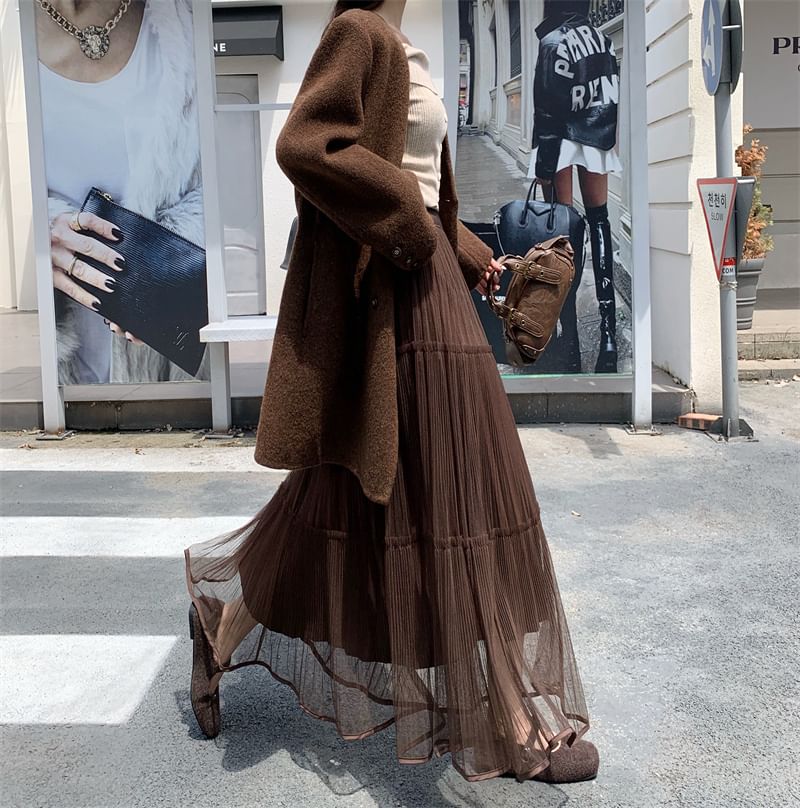 Mesh Panel Maxi A-Line Skirt - High Rise