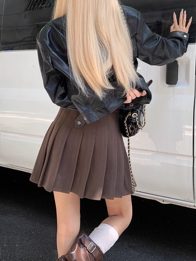 Pleated Mini Skirt - High Waist Plain