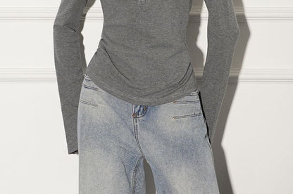 Henley-Style Pullover with Extended Sleeves