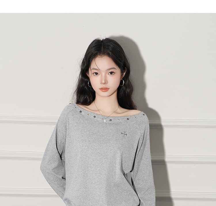 Studded One-Shoulder Tee with Full Sleeves