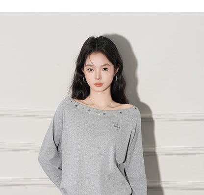 Studded One-Shoulder Tee with Full Sleeves