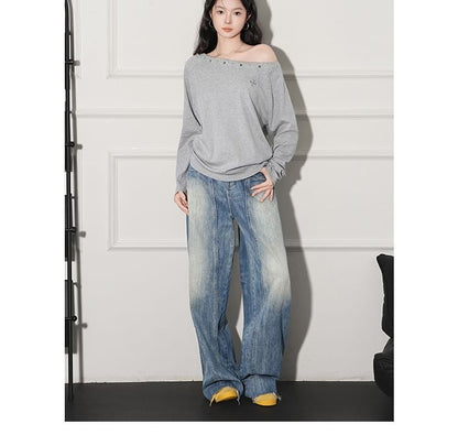 Studded One-Shoulder Tee with Full Sleeves