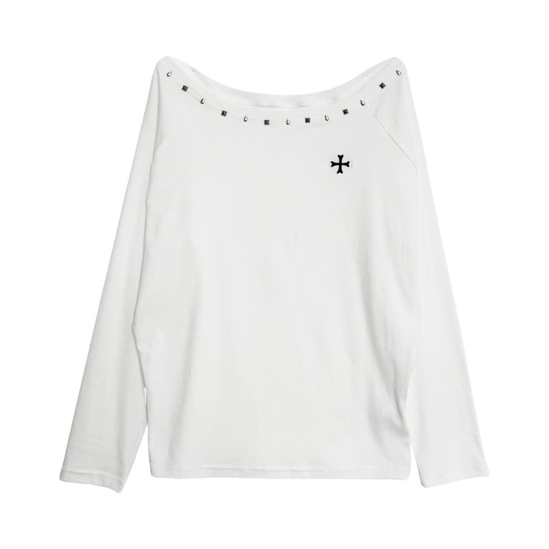 Studded One-Shoulder Tee with Full Sleeves