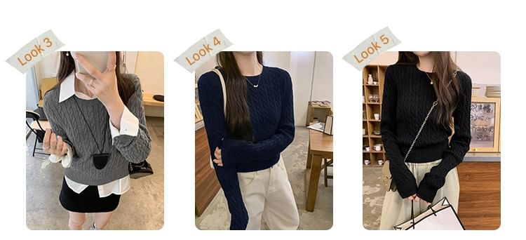 Cable-Knit Crew Neck Sweater in Solid Color