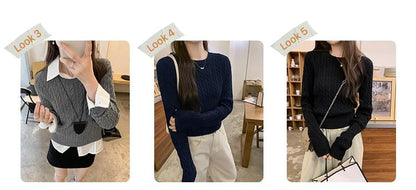 Cable-Knit Crew Neck Sweater in Solid Color