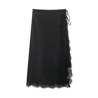 Lace Trim Midi A-Line Skirt - High Waist