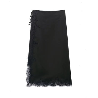 Lace Trim Midi A-Line Skirt - High Waist