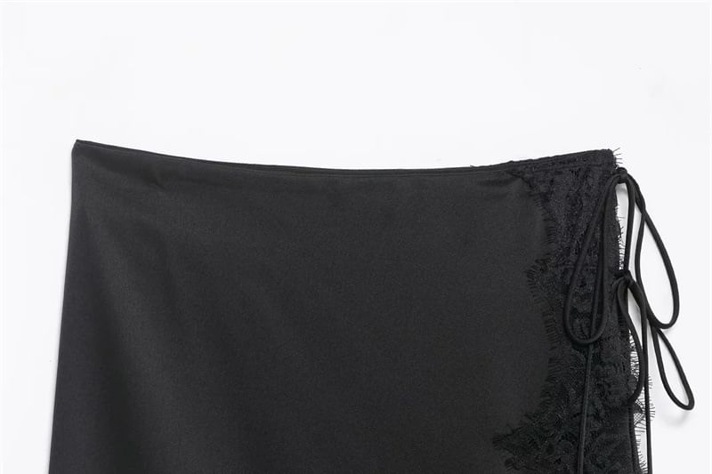 Lace Trim Midi A-Line Skirt - High Waist