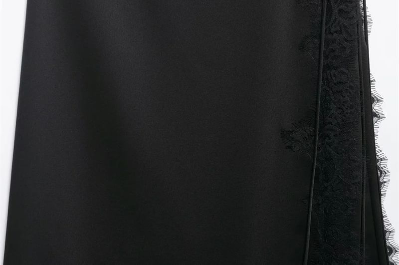 Lace Trim Midi A-Line Skirt - High Waist